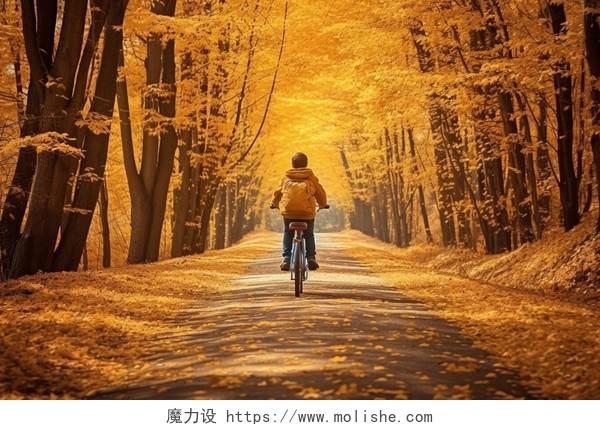 一个男人骑着自行车在长满金黄叶子的森林小路上的背影秋天风景